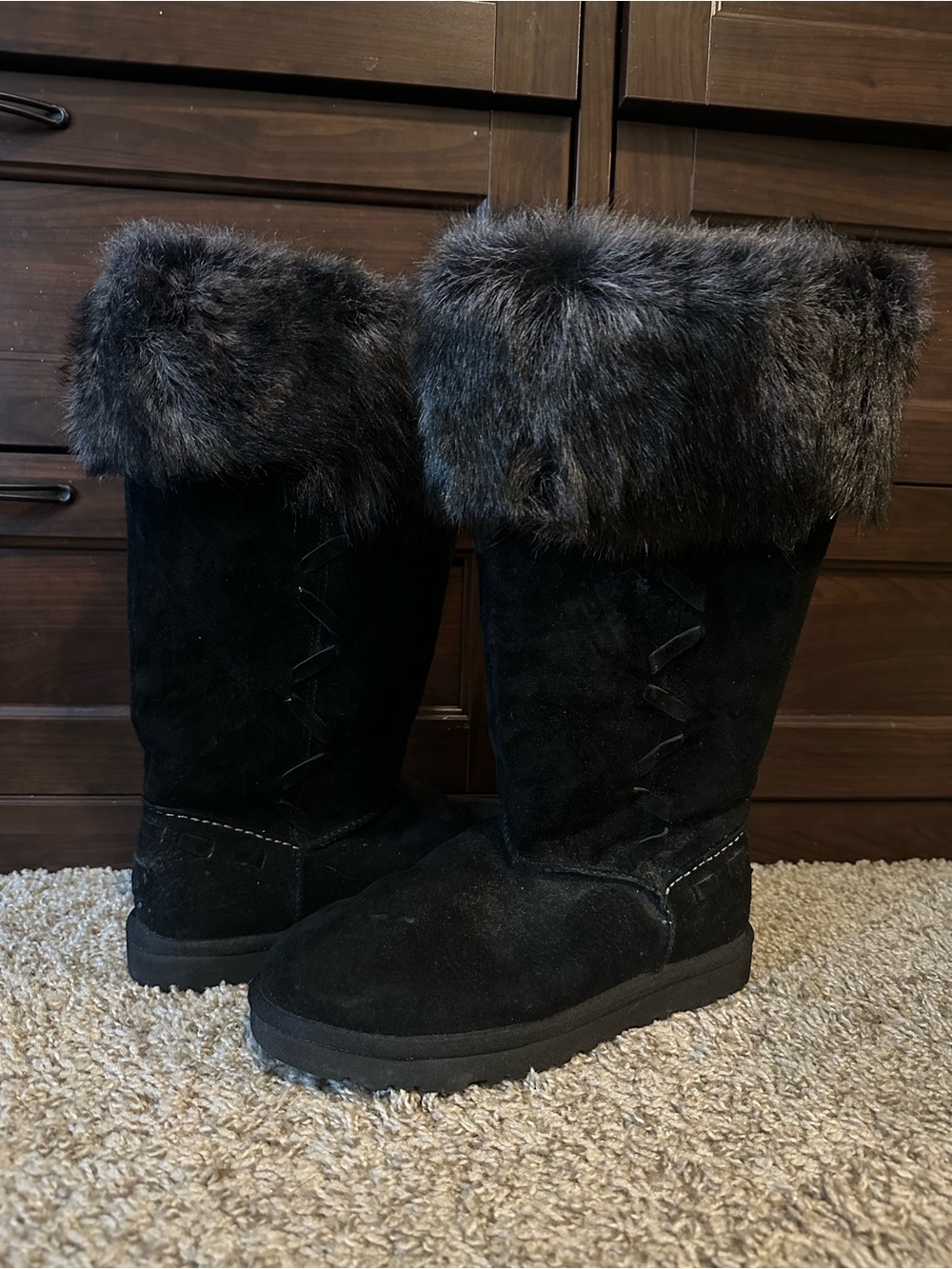 UGG Black Rosana Suede Tall Winter Boots with Faux Fur Cuff size 7